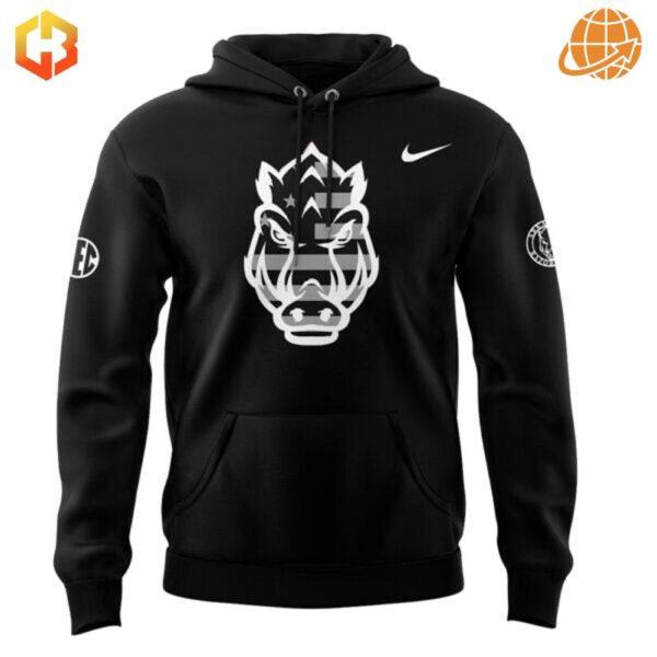 Black hoodie with the Arkansas Razorbacks logo and a bold US flag graphic on the chest.