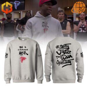 Front and back view of Atlanta Falcons sweatshirt with social justice messages