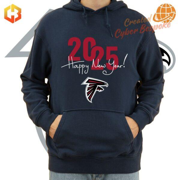 Atlanta Falcons Happy New Year 2025 Hoodie in black and red with team logo.