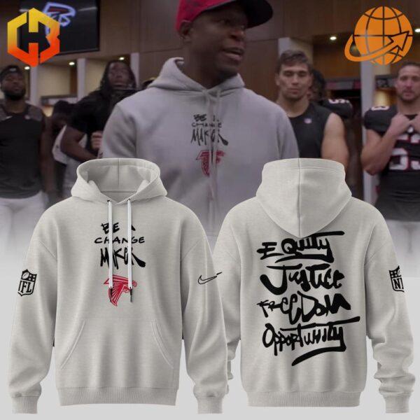 Atlanta Falcons NFL Be A Change Maker Hoodie front and back design, with team environment photo.