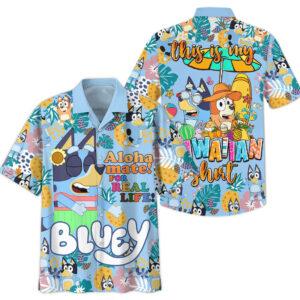 Bright and colorful Authentic Bluey 'Aloha Mate' Hawaiian Shirt with a tropical theme.