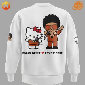 White sweatshirt with Hello Kitty and Bruno Mars cartoon characters on the back, text reads "HELLO KITTY ❤️ BRUNO MARS".