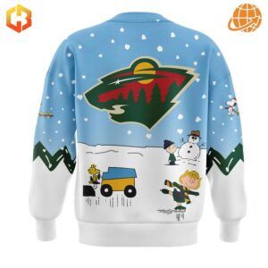 Minnesota Wild sweatshirt with Peanuts characters ice skating and building snowmen beneath the team logo on a snowy blue background.