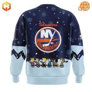 Back view of New York Islanders Peanuts Snoopy Night Sweatshirt with Peanuts characters.