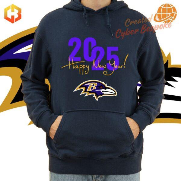 A black hoodie with the Baltimore Ravens logo and '2025 Happy New Year!' written on it