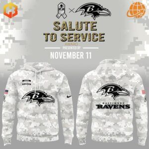 Front and back view of the Baltimore Ravens Salute to Service Hoodie with digital camouflage design.