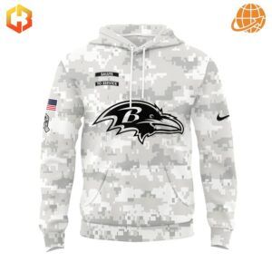 Front view of the Baltimore Ravens Salute to Service Hoodie showing the Ravens logo and "Salute to Service" patch.