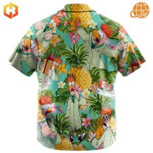 A vibrant Hawaiian shirt with a tropical print, featuring Beaker conducting a symphony of tropical sounds.