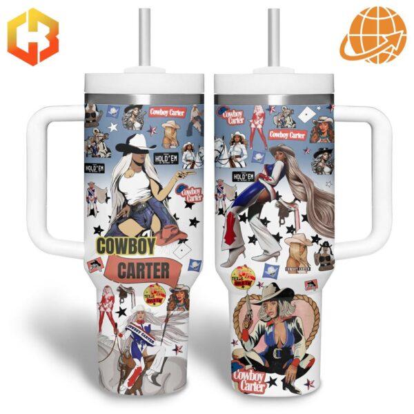 Two Cowboy Carter 40oz Tumblers displaying western-themed artwork and functional design