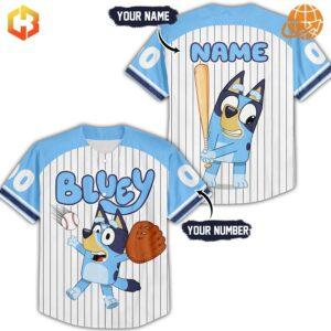 Bluey Baseball Jersey for kids featuring playful action design of Bluey in motion