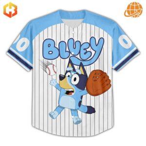 Kids' Bluey Baseball Jersey with vibrant playing action graphic.