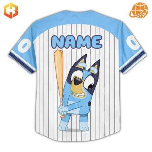 Fun Bluey Baseball Jersey for kids, showing Bluey in action with a playful pose.