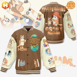 Bluey-themed baseball jacket with "You're Doing Great Mom" message and various character illustrations.