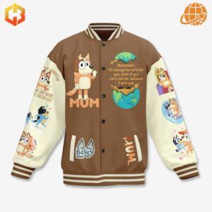 Front of Bluey-themed baseball jacket with "MUM" text and loving message.