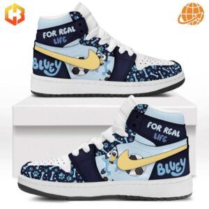 Bluey For Real Life Air Jordan 1 Shoes with navy and light blue color scheme, yellow swoosh, and character graphics displayed on a white box.