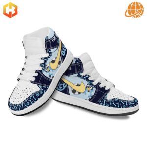 Two Bluey For Real Life Air Jordan 1 Shoes shown from the side, displaying the character design and color contrasts.