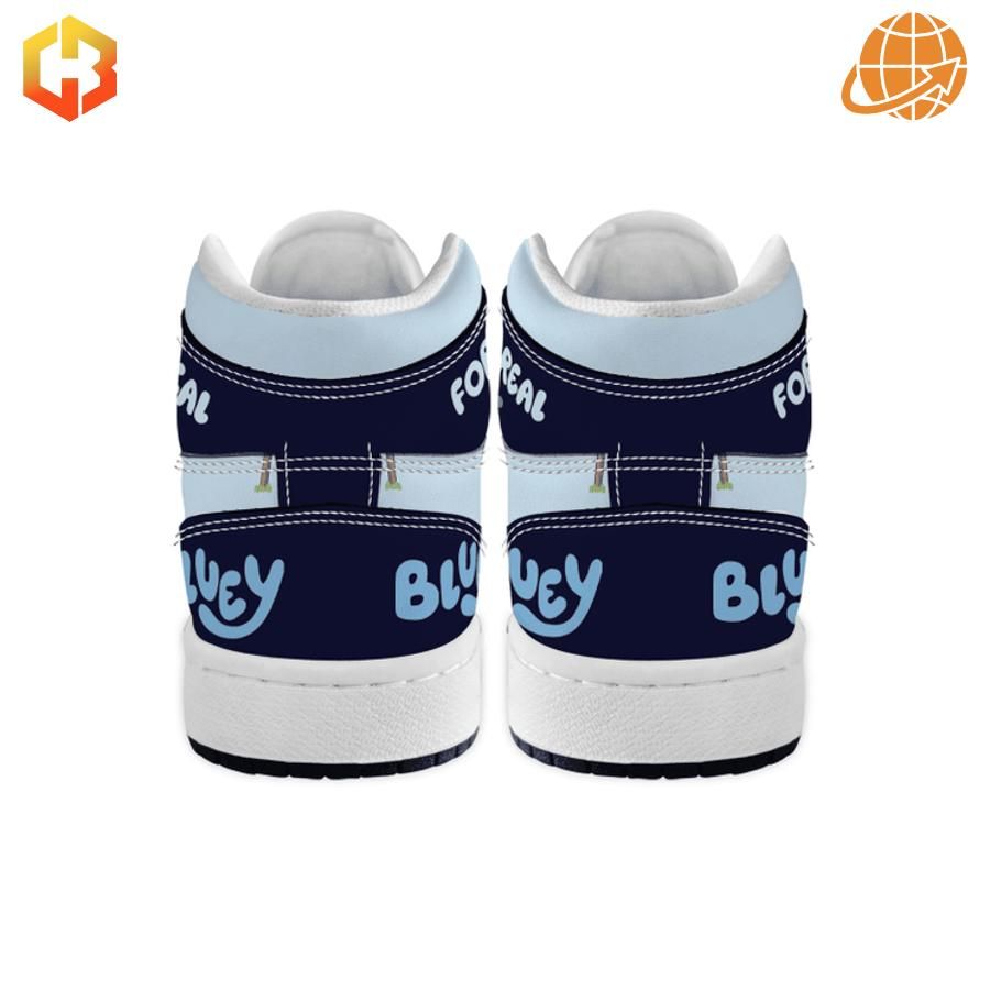 Back view of Bluey For Real Life Air Jordan 1 Shoes showing heel branding and color contrasts.