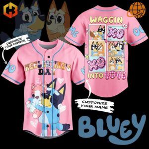 Pink Bluey Heelertime's Day Baseball Jersey with customizable features and cartoon dog designs on front and back.