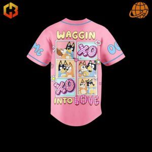 Back of pink Bluey Heelertime's Day Baseball Jersey with "Waggin into Love" design and cartoon dog illustrations.