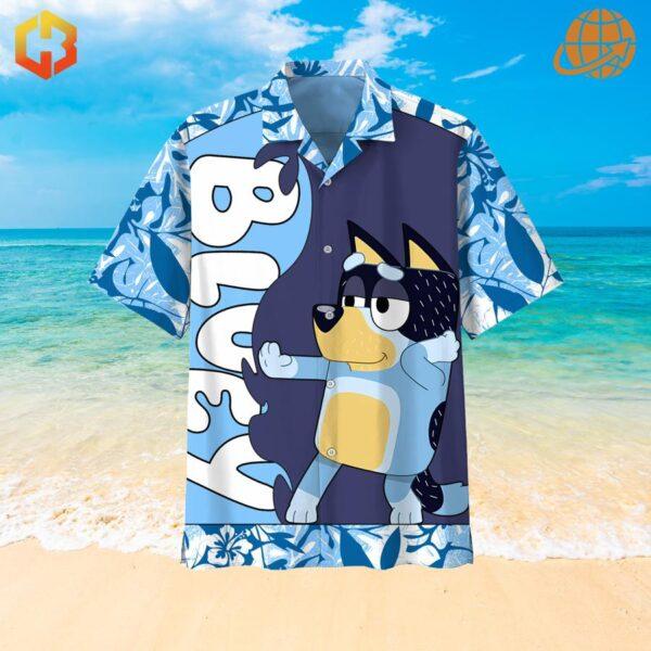 Fun Bluey-themed Hawaiian shirt with bright summer colors, ideal for beach getaways.