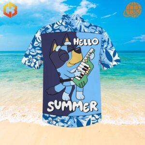 Bluey Hello Summer Hawaiian Shirt designed for beach vacations with colorful tropical prints