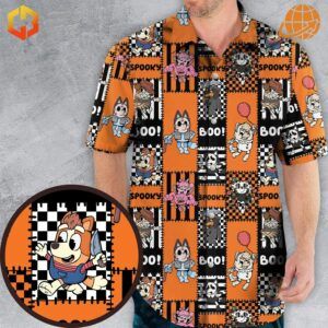 Close-up of Bluey Horror Characters Patchwork Hawaiian Shirt on a model, displaying colorful cartoon dog characters in Halloween-themed squares.