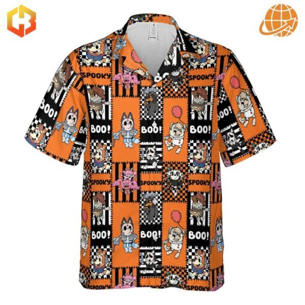 Full front view of Bluey Horror Characters Patchwork Hawaiian Shirt showing entire patchwork pattern of cartoon dogs and Halloween elements.