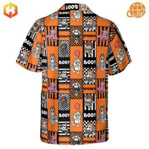 Back view of Bluey Horror Characters Patchwork Hawaiian Shirt displaying full pattern coverage and shirt construction.