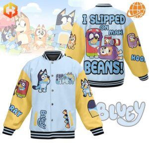 A white and yellow baseball jacket with an all-over print featuring Bluey, Bingo, and their friends, along with the phrase "I Slipped On Mah Beans!"