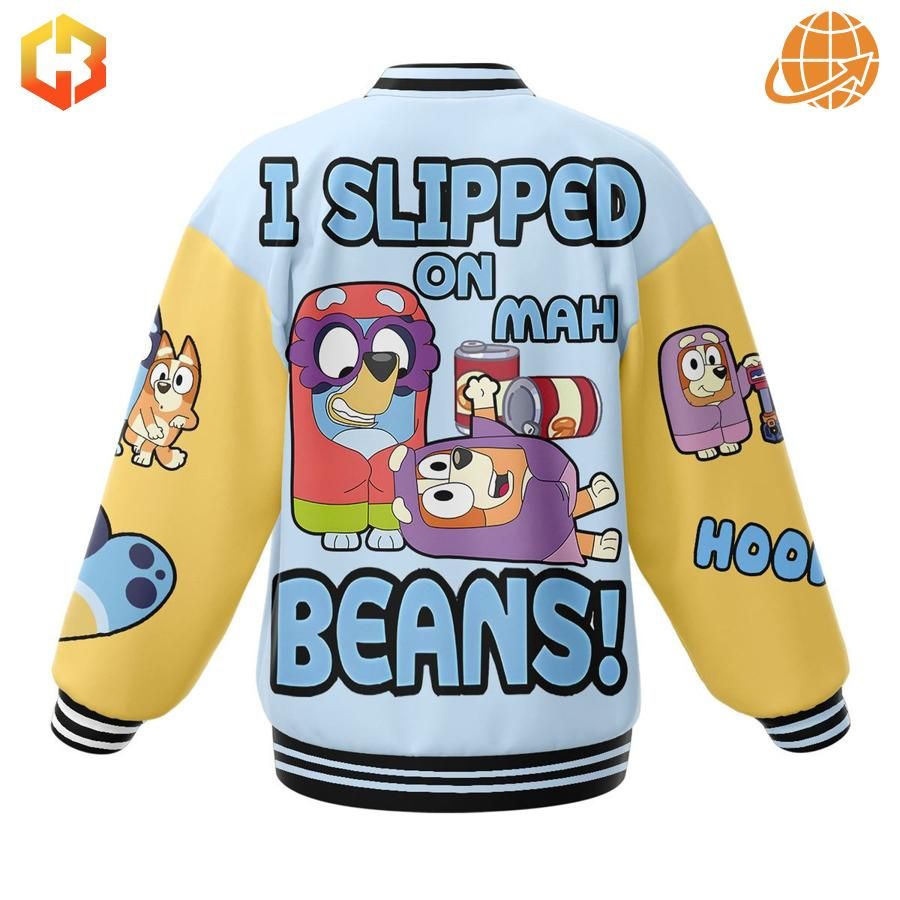 A white and yellow baseball jacket with an all-over print featuring Bluey, Bingo, and their friends, along with the phrase "I Slipped On Mah Beans!" and other memorable quotes.