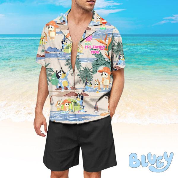 Fun Bluey Hawaiian Shirt featuring the 'It's Family Time' message, perfect for family gatherings