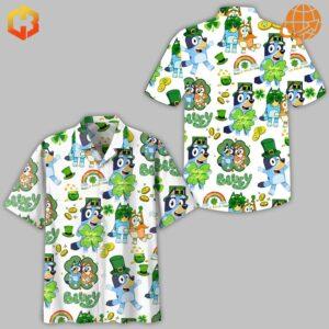 Family-friendly Bluey Hawaiian Shirt with St. Patrick's Day design, perfect for celebrating in style