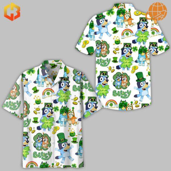 Family-friendly Bluey Hawaiian Shirt with St. Patrick's Day design, perfect for celebrating in style