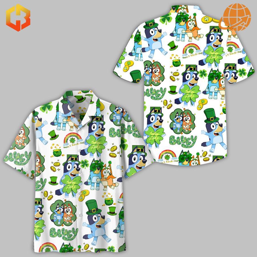 Family-friendly Bluey Hawaiian Shirt with St. Patrick's Day design, perfect for celebrating in style