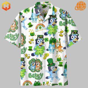 Bluey St. Patrick's Day Hawaiian Shirt for families with playful Bluey characters and festive green details