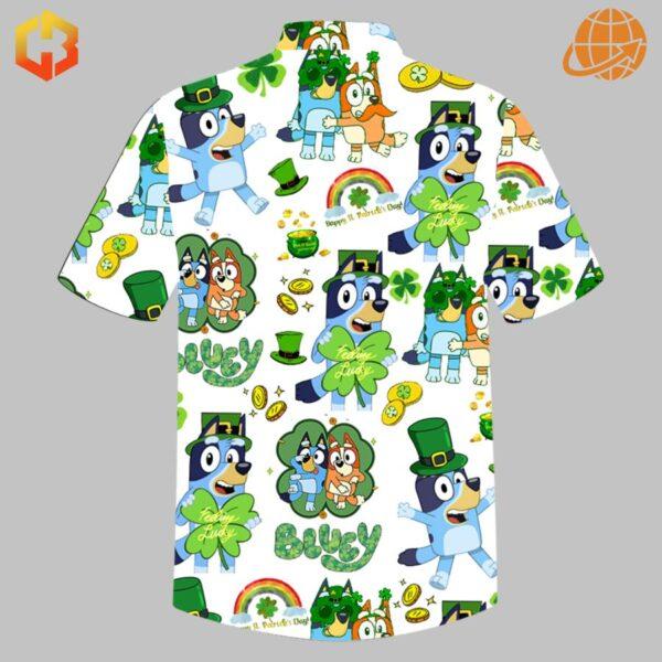 Green-themed Bluey St. Patrick's Day Hawaiian Shirt for families, perfect for a fun celebration.