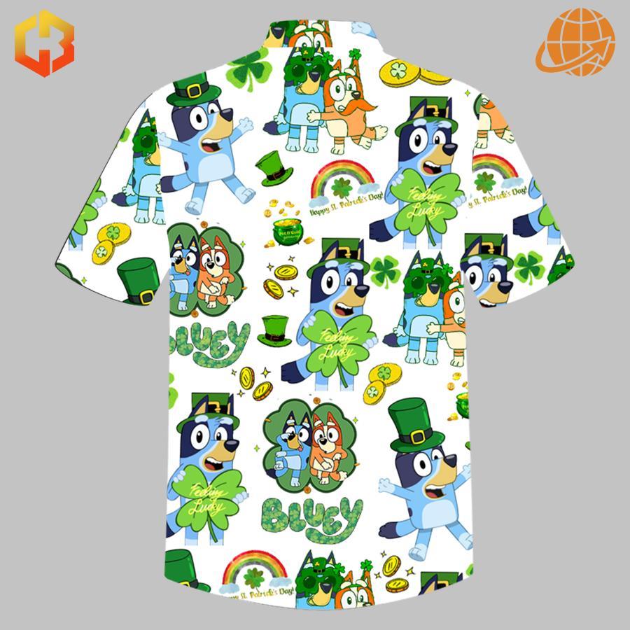Green-themed Bluey St. Patrick's Day Hawaiian Shirt for families, perfect for a fun celebration.
