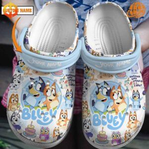 Bluey Movies Crocs Shoes with Bluey character illustrations and personalized name strap.