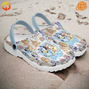 Bluey Movies Crocs Shoes on a sandy beach, highlighting their colorful design and sturdy build.