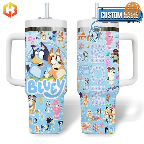 Two views of a Bluey-themed Stanley Tumbler with colorful cartoon characters and phrases on a light blue background.