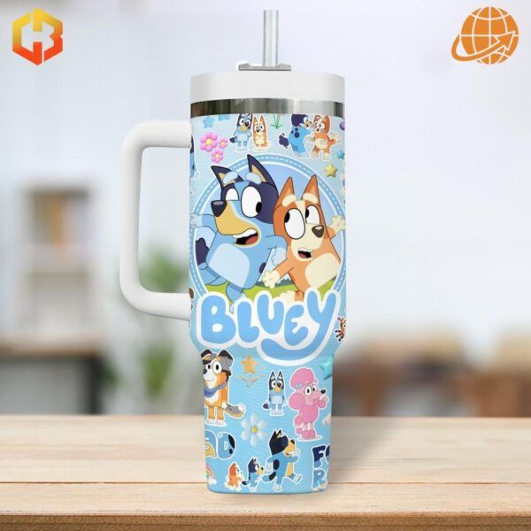 Bluey-themed Stanley Tumbler on a wooden table in a home environment, showing its size and design.