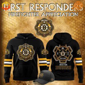 Boston Bruins 2024 Firefighter Appreciation Night Hoodie and cap with firefighter emblem and Bruins logo.