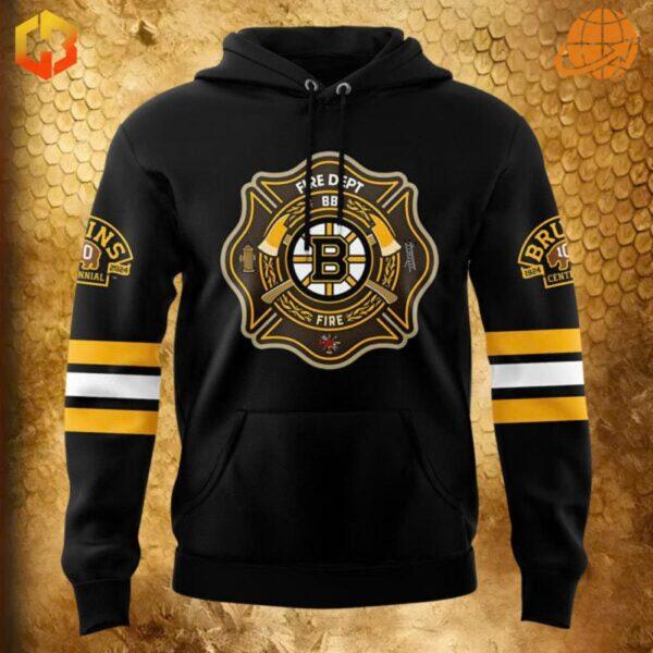 Front view of the Boston Bruins 2024 Firefighter Appreciation Night Hoodie with firefighter emblem and Bruins logo.