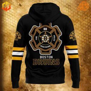 Back view of the Boston Bruins 2024 Firefighter Appreciation Night Hoodie with firefighter emblem and Bruins logo.