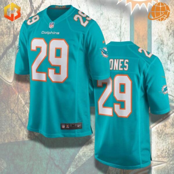 A Miami Dolphins football jersey featuring Brandon Jones' name and number, with team colors and NFL branding