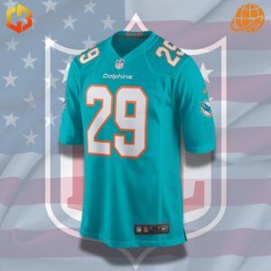 Brandon Jones Miami Dolphins jersey in aqua, orange, and white colors, designed for football fans.