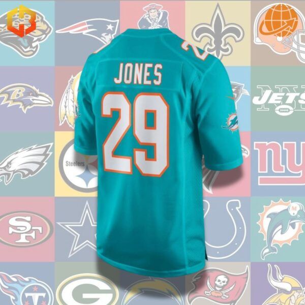 Official Brandon Jones football jersey from the Miami Dolphins, showcasing player details and team logo