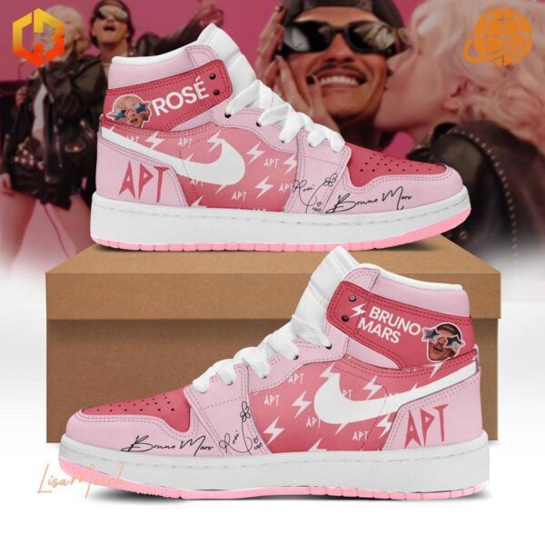 Bruno Mars Rosé APT Air Jordan 1 Shoes featuring pink overlays, white swoosh, lightning bolt patterns, and Bruno Mars’ signature.