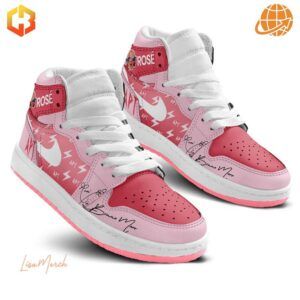 Close-up of Bruno Mars Rosé APT Air Jordan 1 Shoes highlighting rose emblem, ankle details, and white laces.