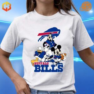 A Buffalo Bills t-shirt featuring Mickey Mouse, Donald Duck, and Goofy in team gear.